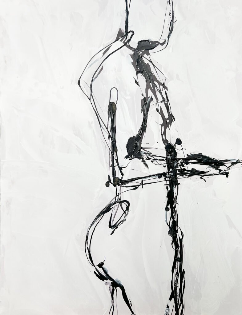 Dibujo Lineal Abstracto: Figura Gestual en Negro sobre Blanco