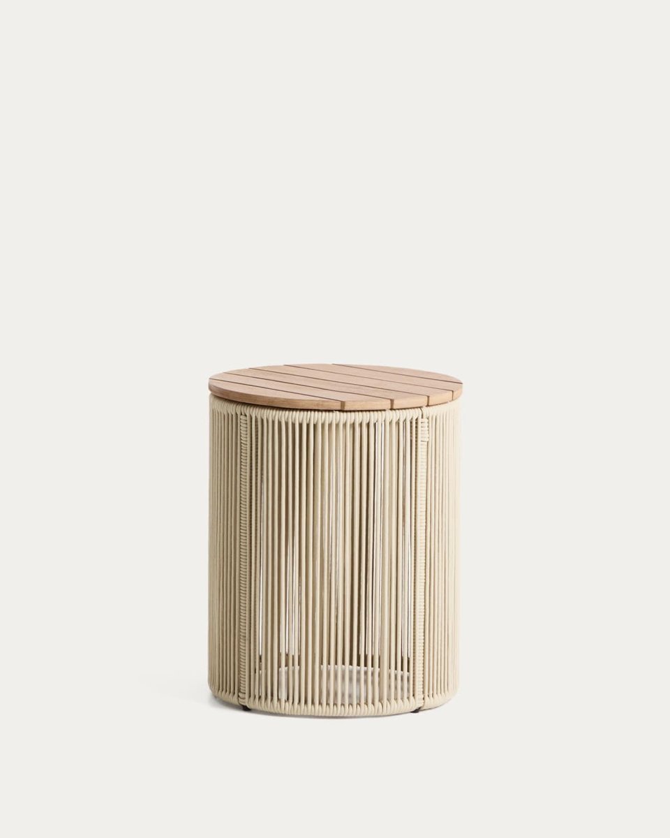 Mesa auxiliar Dandara de acero, cuerda crudo y madera maciza de acacia Ø40 cm FSC 100%