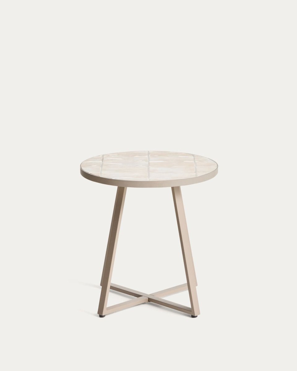 Mesa auxiliar redonda Tella de acero galvanizado y azulejos beige Ø45 cm