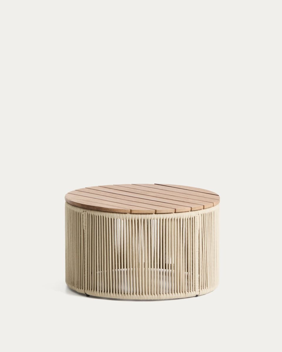 Mesa de centro Dandara de acero, cuerda crudo y madera maciza acacia Ø60 cm FSC 100%