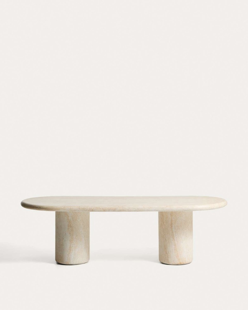 Mesa ovalada Drasi de cemento con acabado efecto travertino 260 x 110 cm