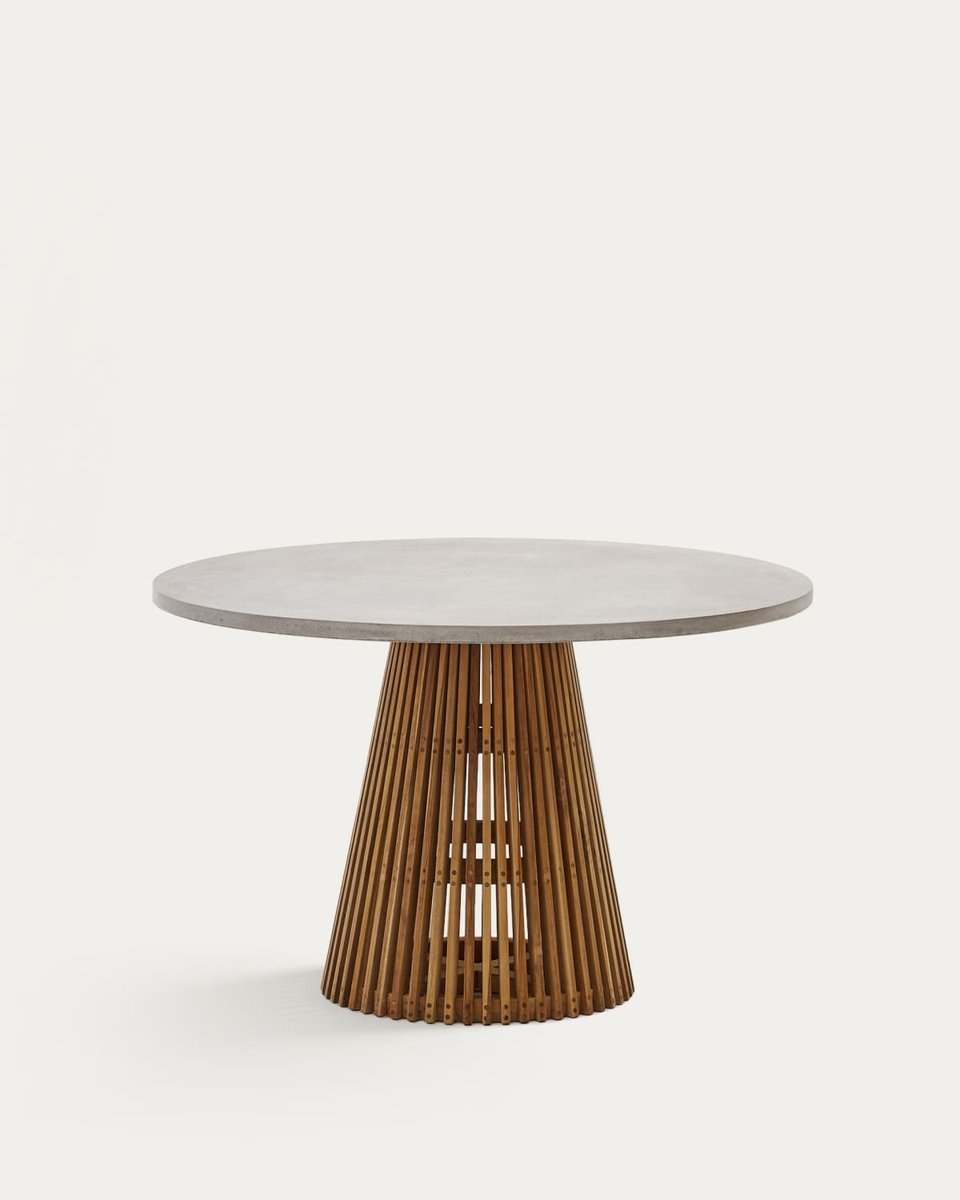 Mesa redonda de exterior Alcaufar de madera maciza de teca y cemento gris Ø 120 cm