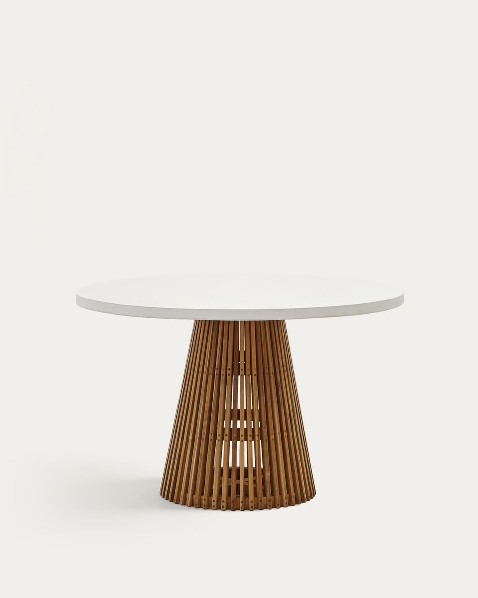 Mesa redonda de exterior Alcaufar de madera maciza de teca y cemento blanco Ø 120 cm