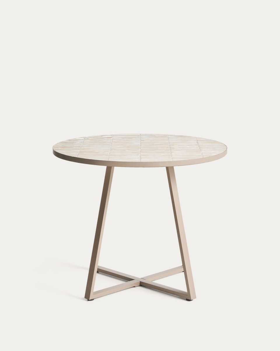 Mesa redonda Tella de acero galvanizado y azulejos beige Ø90 cm