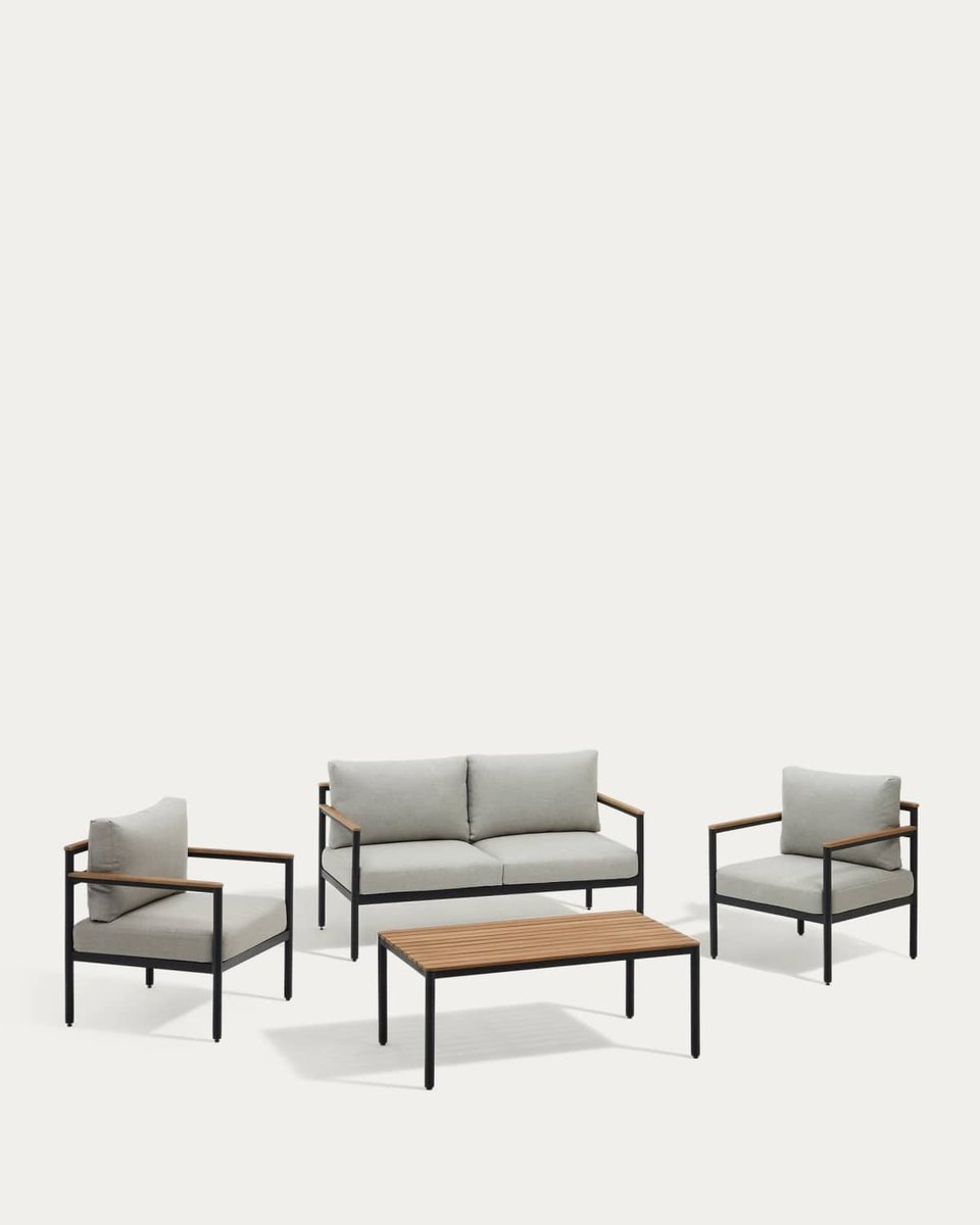 Set Aiguafreda de sofá 2 plazas, 2 sillones y mesa aluminio gris y madera acacia FSC 100%
