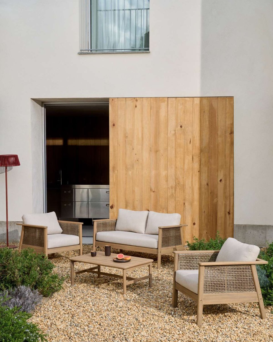 Set Alabe de sofá de 2 plazas, 2 sillones y mesa de centro de madera de acacia FSC 100%