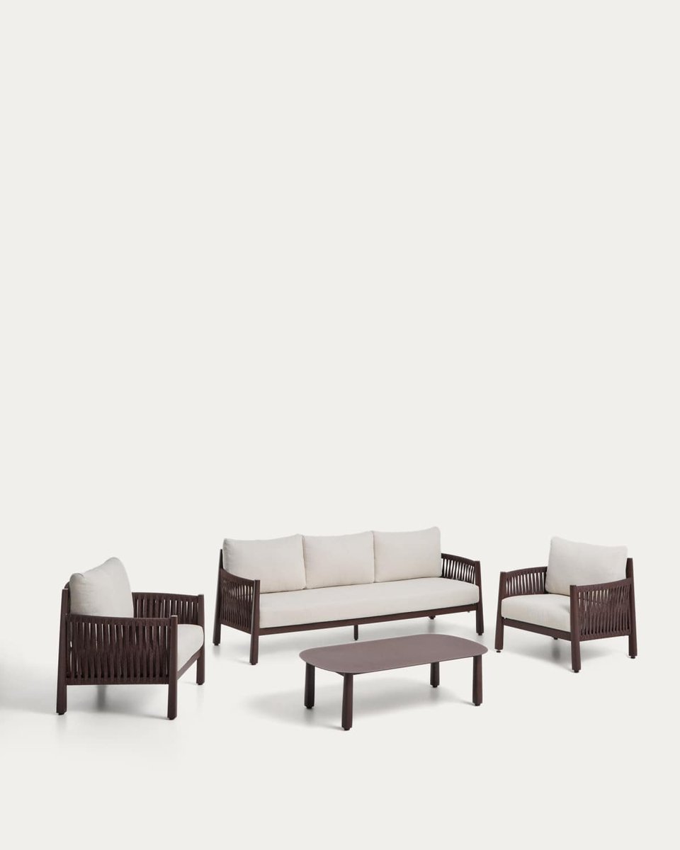 Set Aleria de sofá 3 plazas, 2 sillones y mesa de centro de aluminio y cuerda sintética marrón