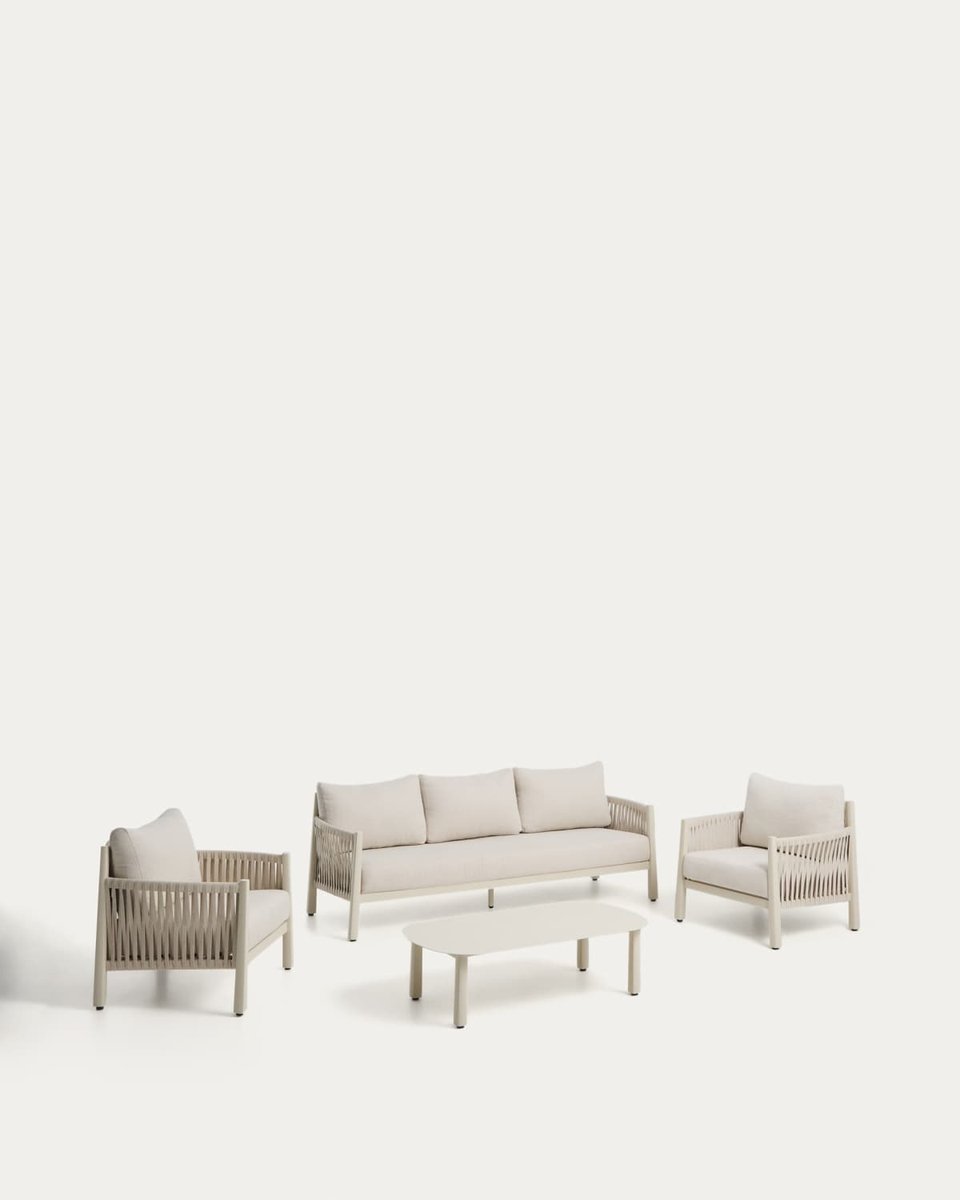 Set Aleria de sofá 3 plazas, 2 sillones y mesa de centro de aluminio y cuerda sintética crudo