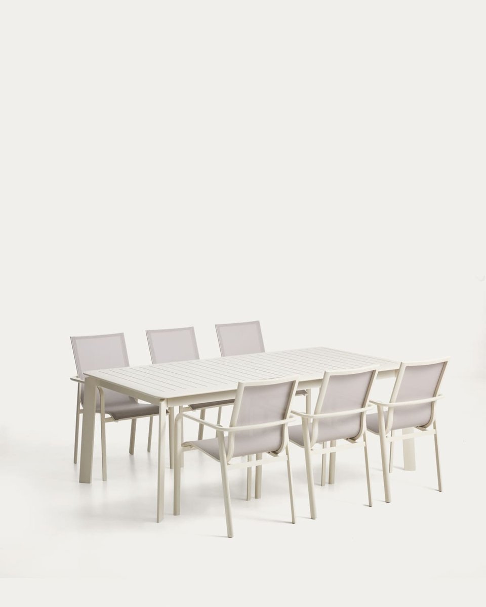 Set de mesa extensible Brela de aluminio crudo y 6 sillas apilables Canea de aluminio crudo y texteline beige 205(287)x100 cm