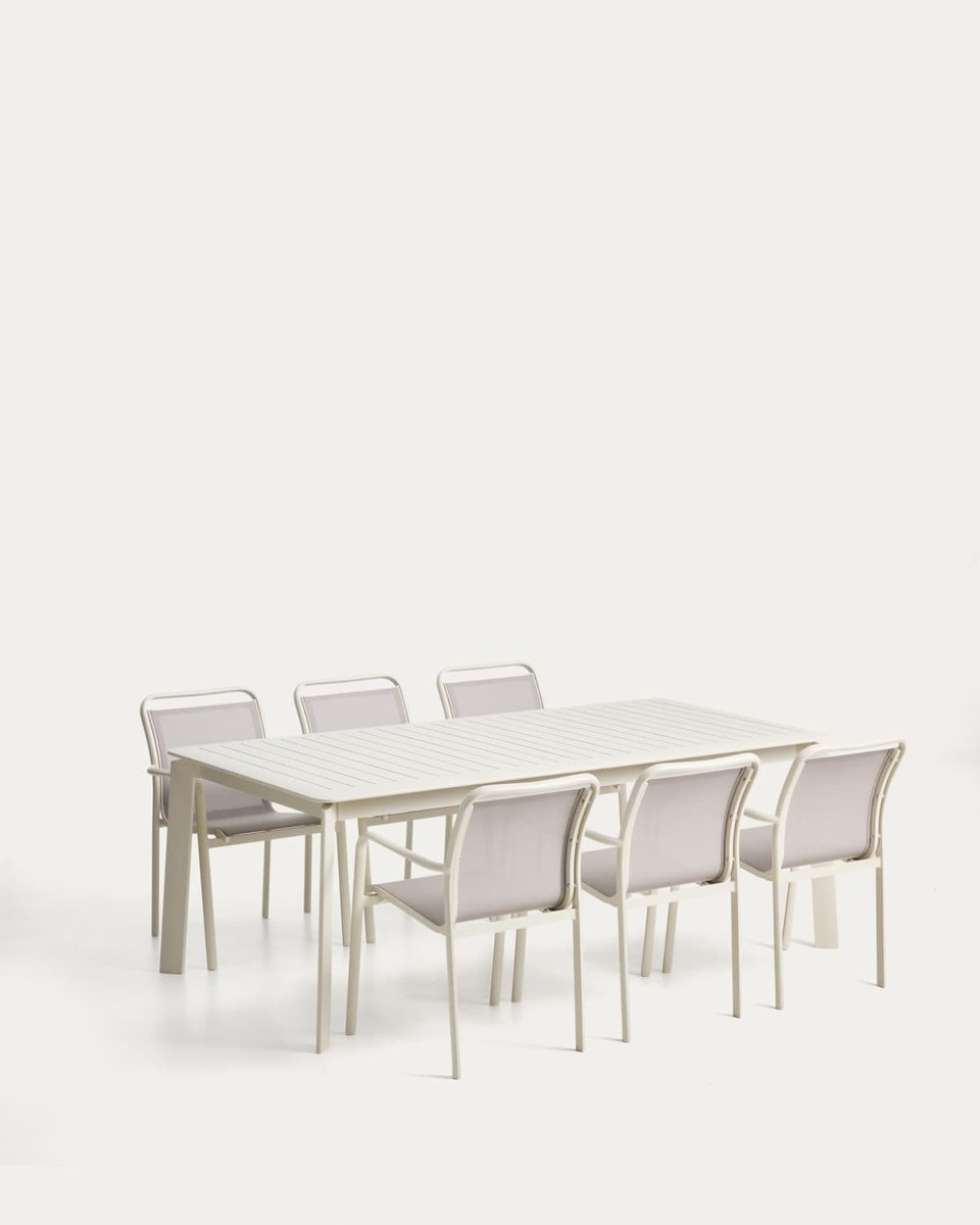 Set de mesa extensible Brela de aluminio crudo y 6 sillas Luri de aluminio crudo y texteline beige 205(287)x100 cm