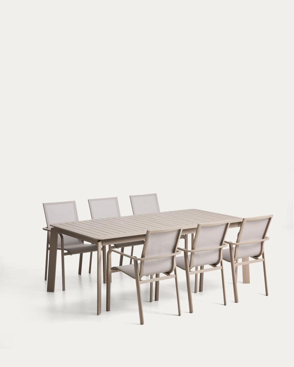 Set de mesa extensible Brela de aluminio topo y 6 sillas apilables Canea de aluminio topo y texteline beige 205(287)x100 cm