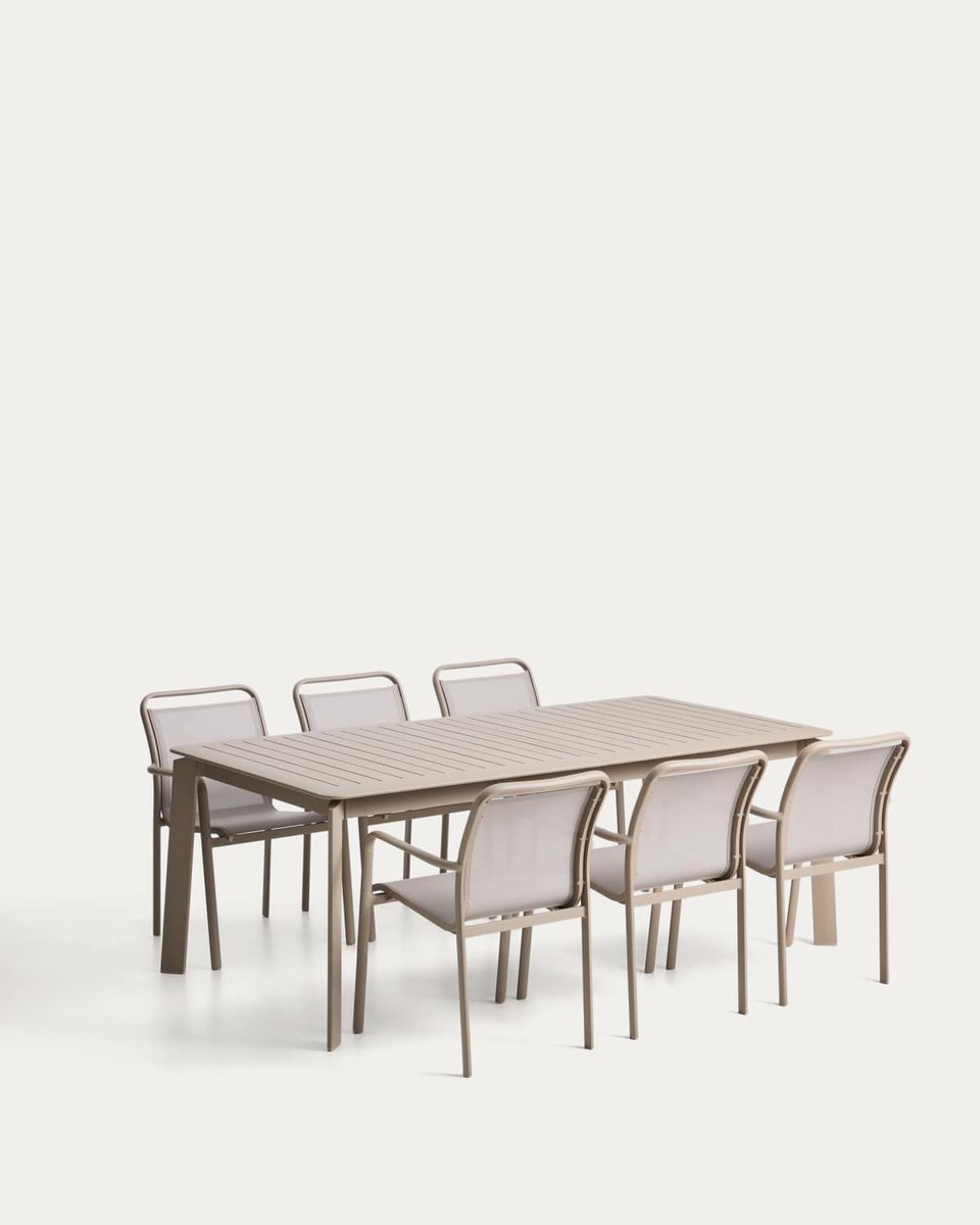 Set de mesa extensible Brela de aluminio topo y 6 sillas Luri de aluminio topo y texteline beige 205(287)x100 cm