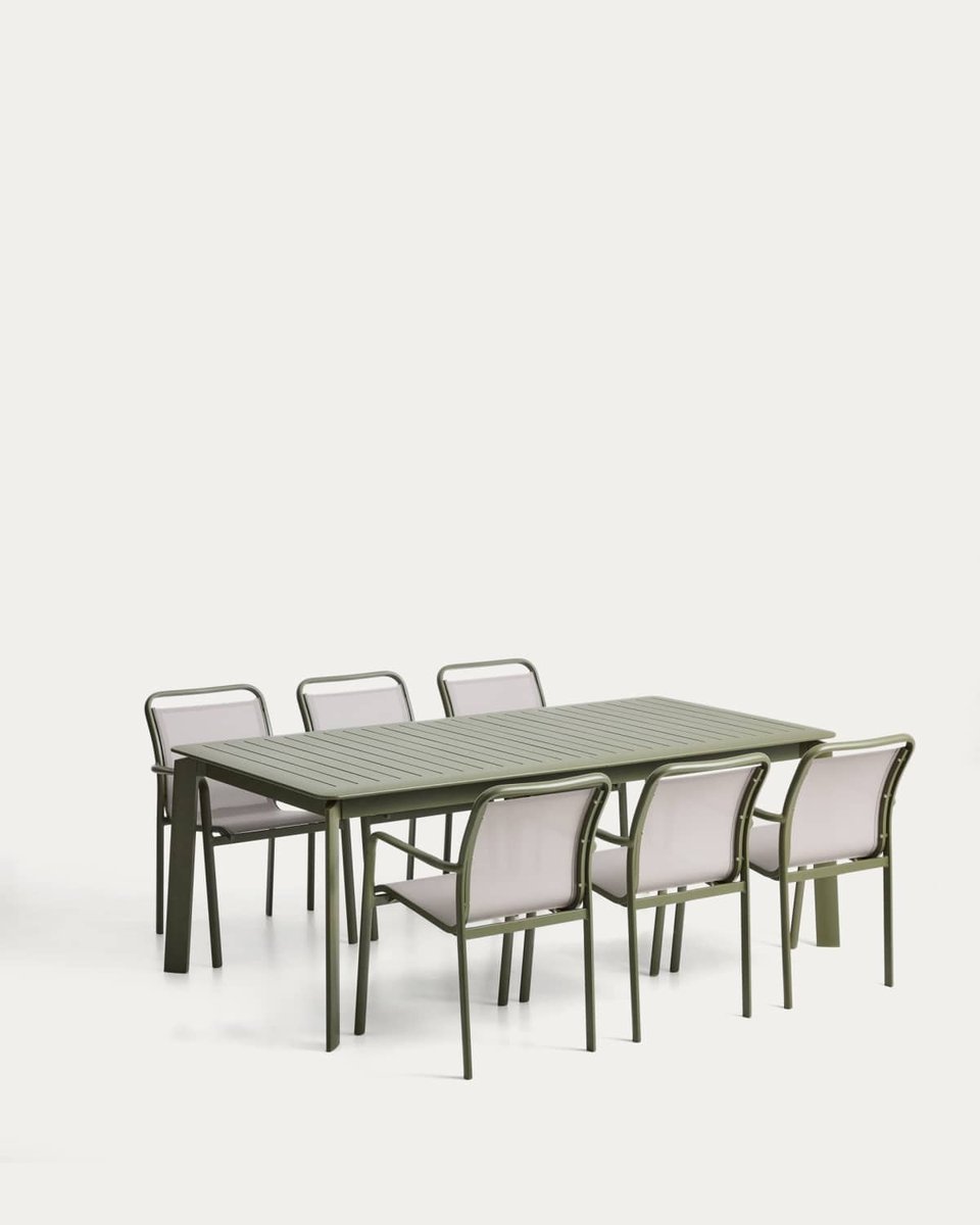 Set de mesa extensible Brela de aluminio verde y 6 sillas apilables Luri de aluminio verde y texteline beige 205(287)x100 cm