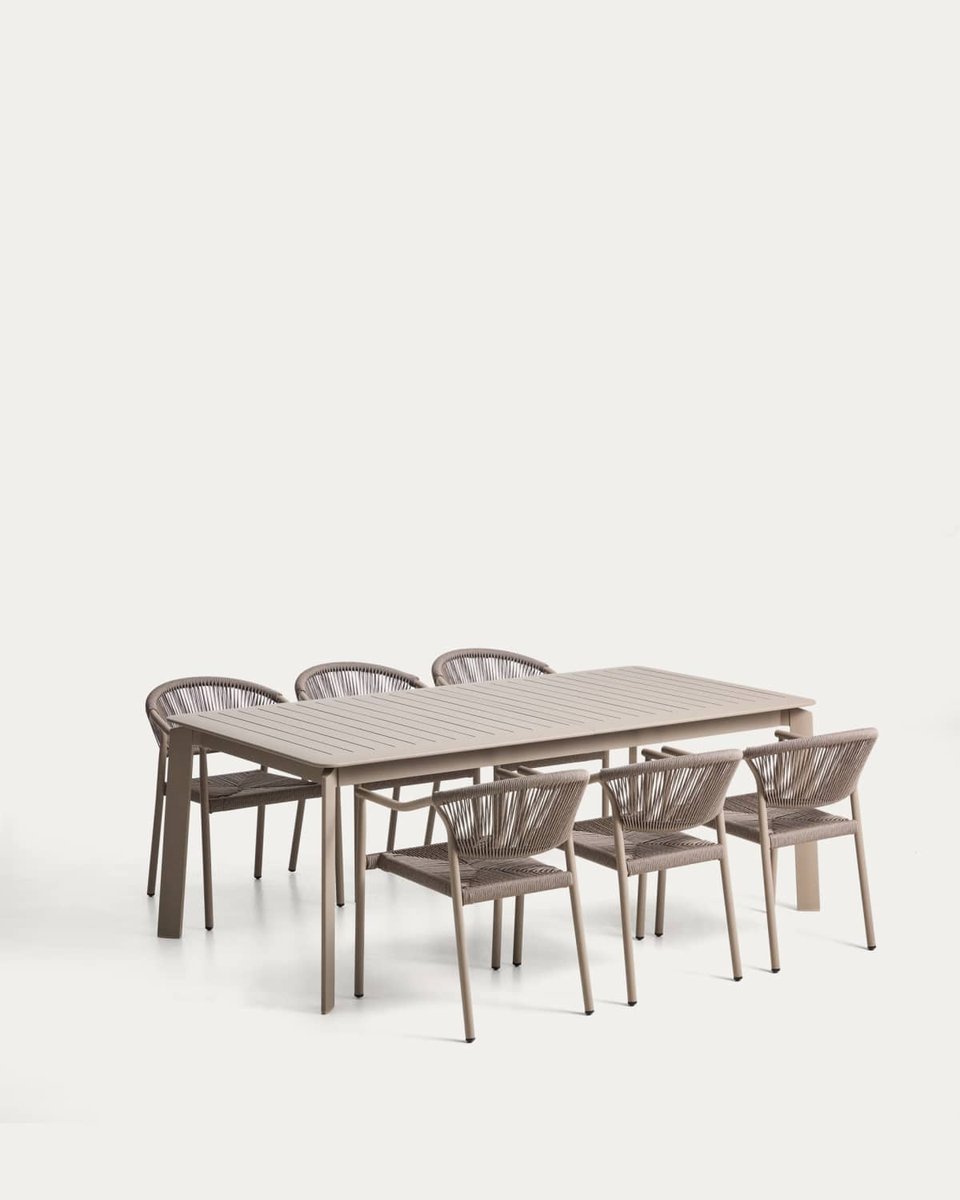 Set de mesa extensible Brela de aluminio y 6 sillas apilables Livadia de aluminio y cuerda sintética topo 205(287) x 100 cm