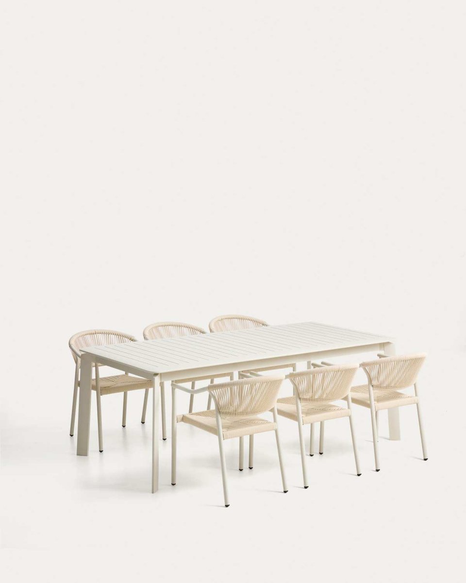 Set de mesa extensible Brela de aluminio y 6 sillas apilables Livadia de aluminio y cuerda sintética crudo 205(287) x 100 cm