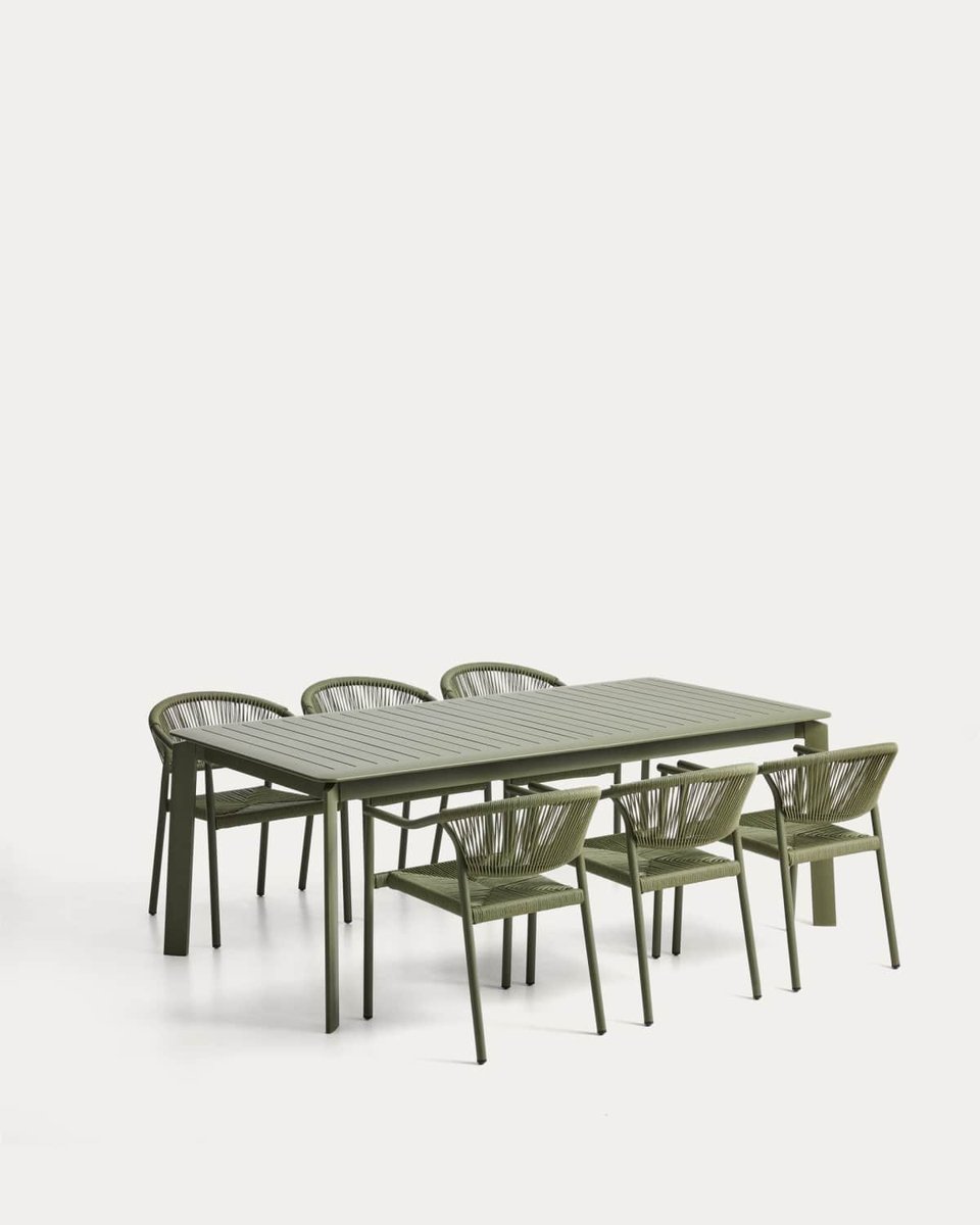 Set de mesa extensible Brela de aluminio y 6 sillas apilables Livadia de aluminio y cuerda sintética verde 205(287) x 100 cm