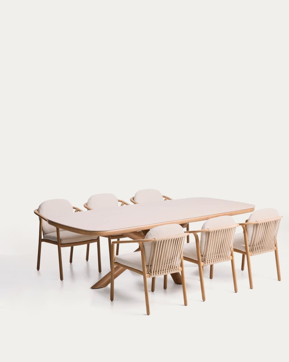 Set de mesa Mirtia de aluminio efecto madera y piedra sinterizada crudo y 6 sillas Sirte de aluminio efecto madera y cuerda crudo 240 x 110 cm