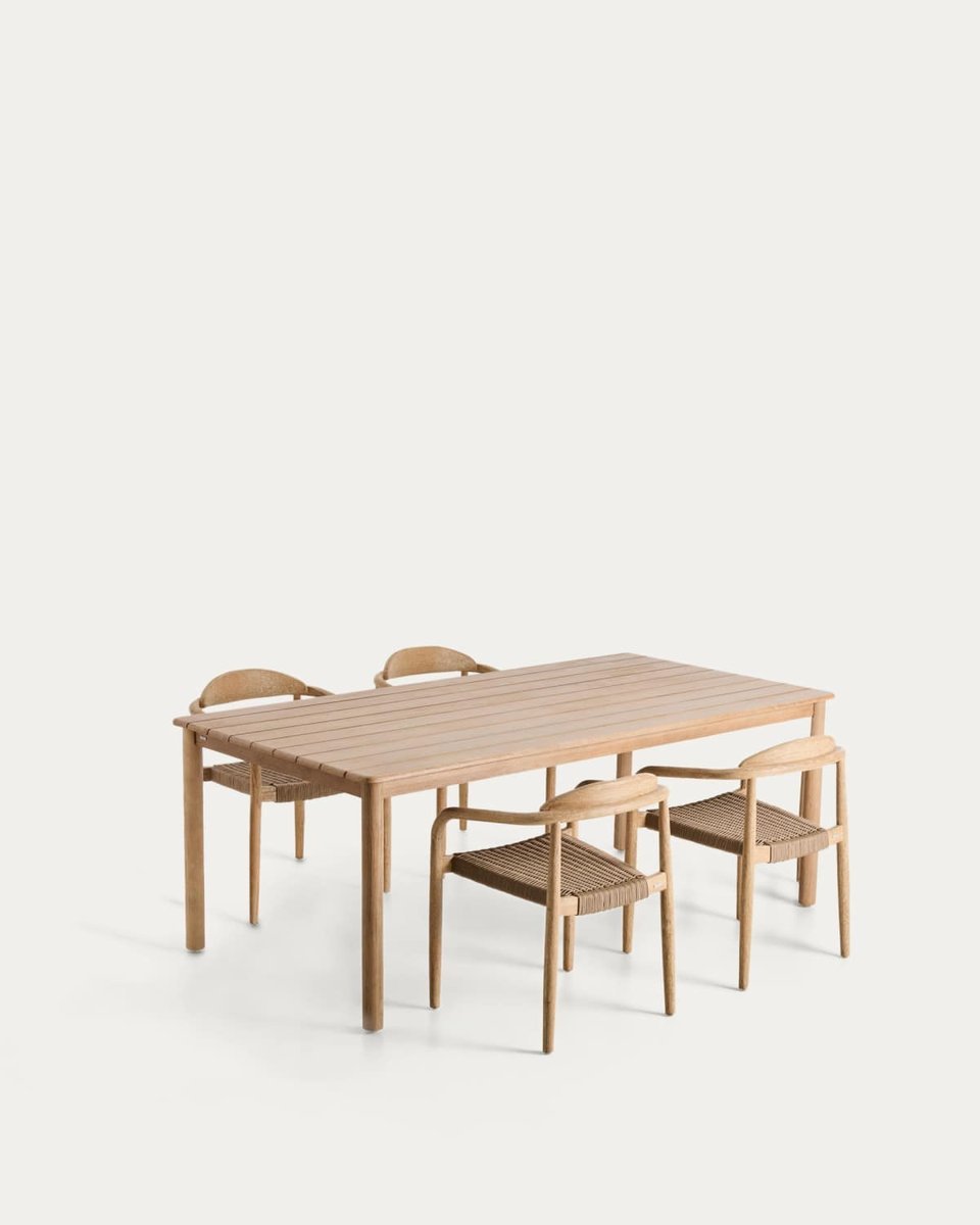 Set de mesa Sori de madera maciza de acacia y 4 sillas apilables Nina de madera maciza de acacia y cuerda beige 200 x 100 FSC 100%