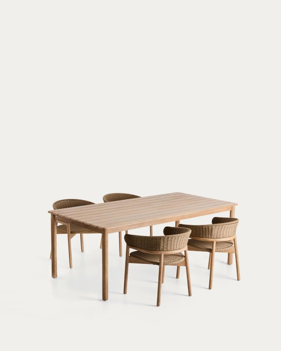 Set de mesa Sori de madera maciza de acacia y 4 sillas Arinella de madera maciza de acacia y cuerda beige 200 x 100 FSC 100%