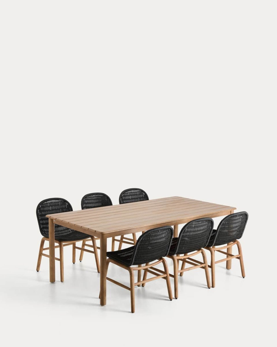 Set de mesa Sori de madera maciza de acacia y 6 sillas Alipa de madera maciza de acacia y cuerda grafito 200 x 100 cm FSC 100%