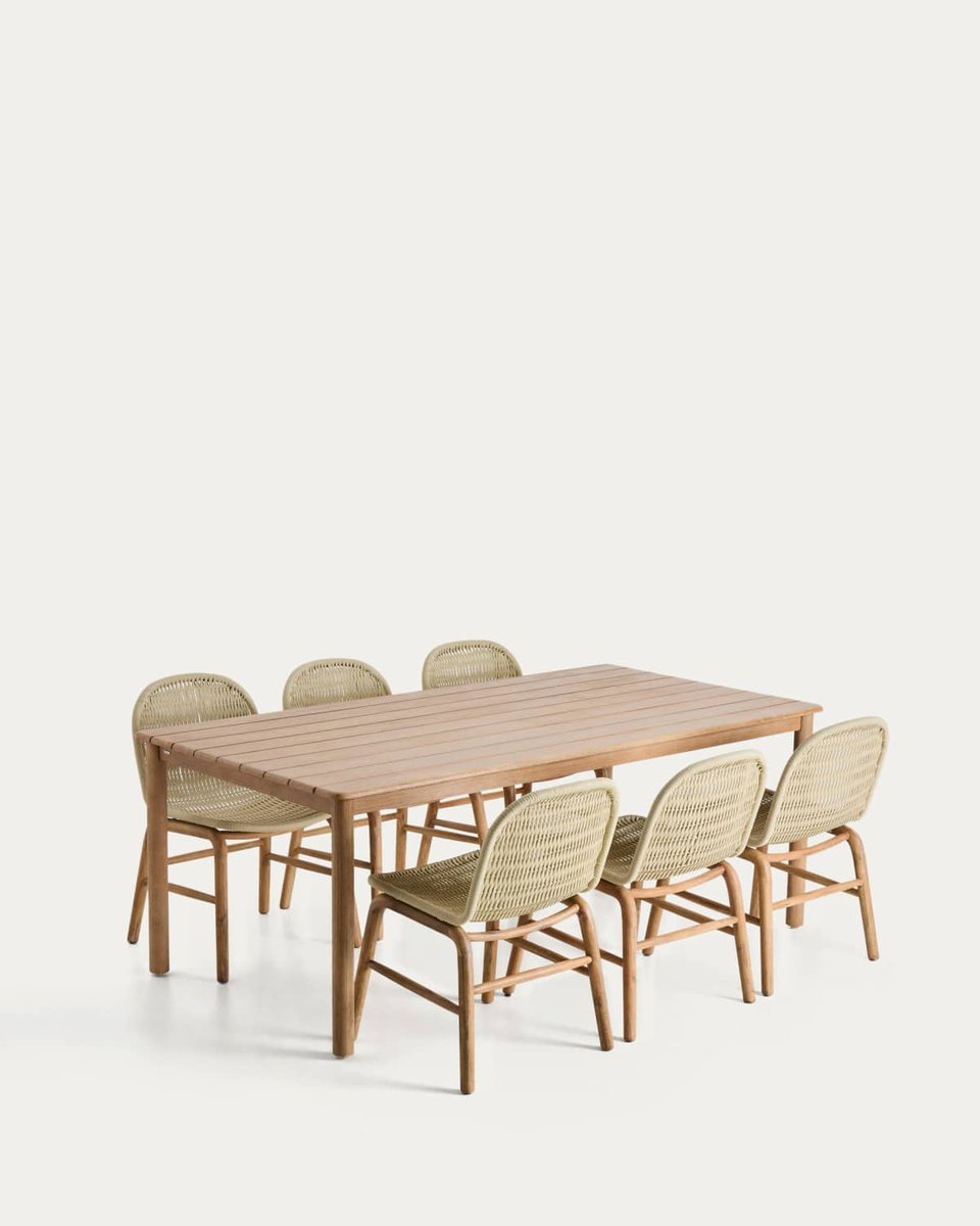 Set de mesa Sori de madera maciza de acacia y 6 sillas Alipa de madera maciza de acacia y cuerda crudo 200 x 100 cm FSC 100%
