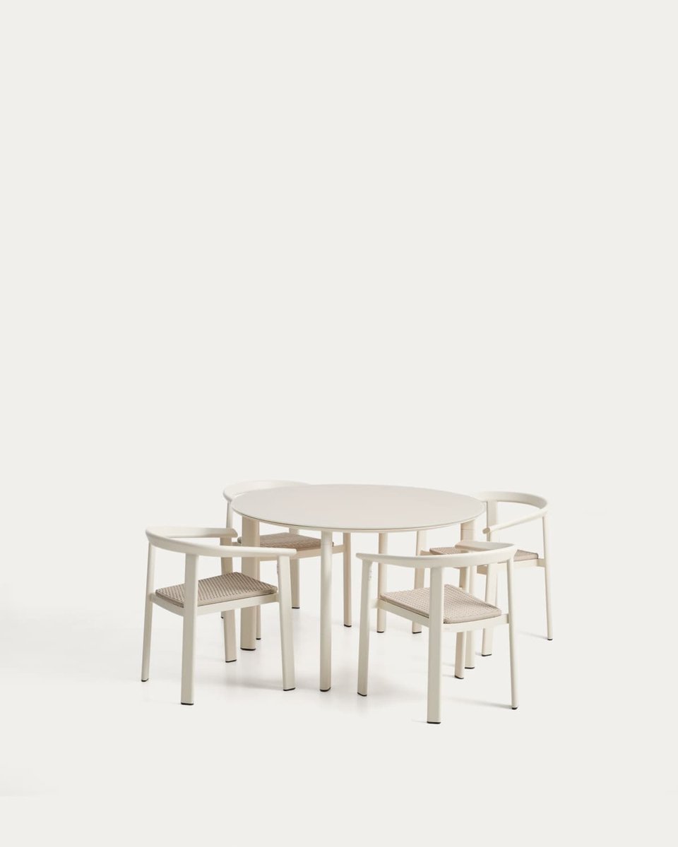 Set Erice de 4 sillas apilables de aluminio y cuerda y mesa de aluminio y vidrio templado crudo Ø120 cm