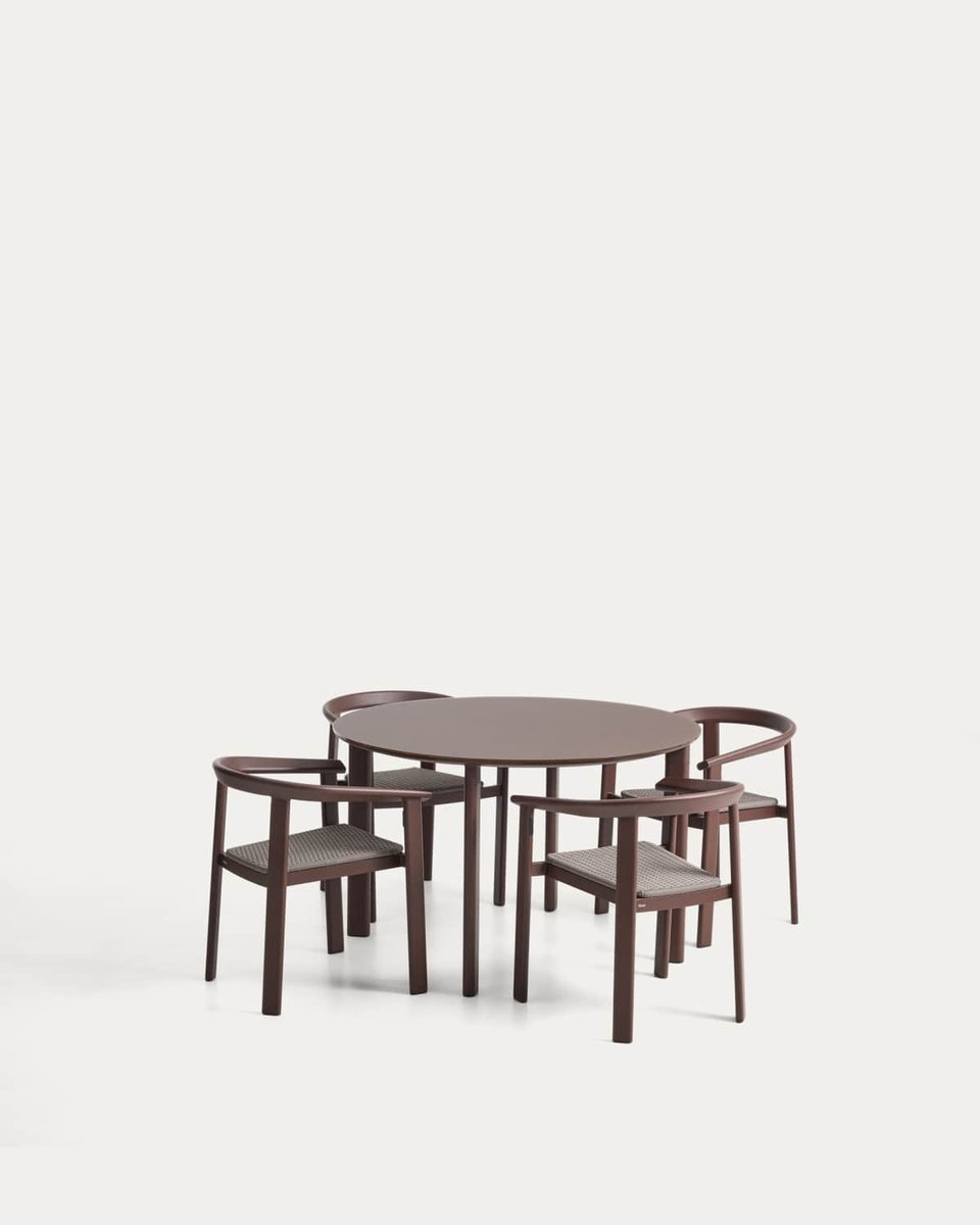 Set Erice de 4 sillas apilables de aluminio y cuerda y mesa de aluminio y vidrio templado marrón Ø120 cm