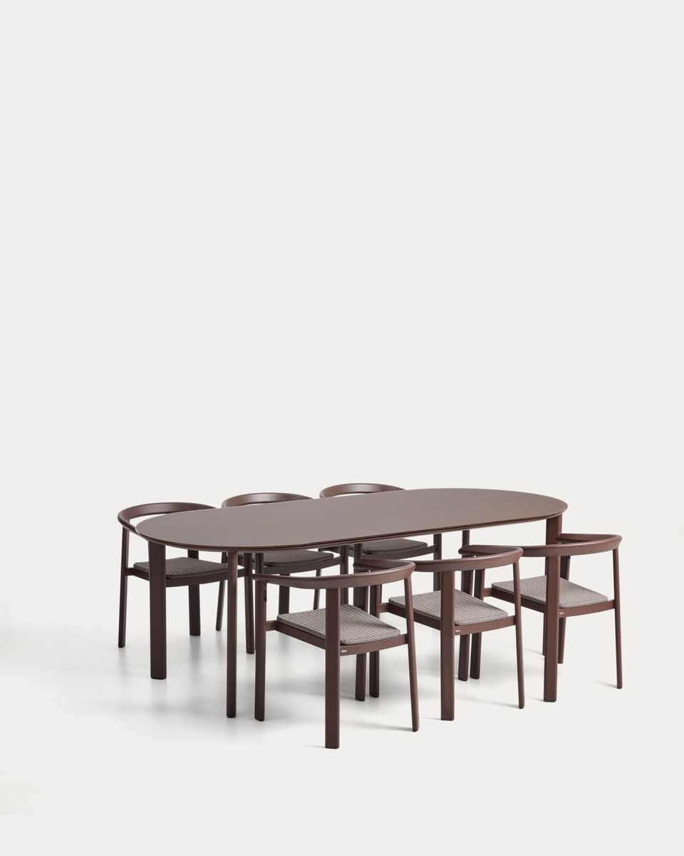 Set Erice de 6 sillas apilables de aluminio y cuerda y mesa de aluminio y vidrio templado marrón 230 x 100 cm
