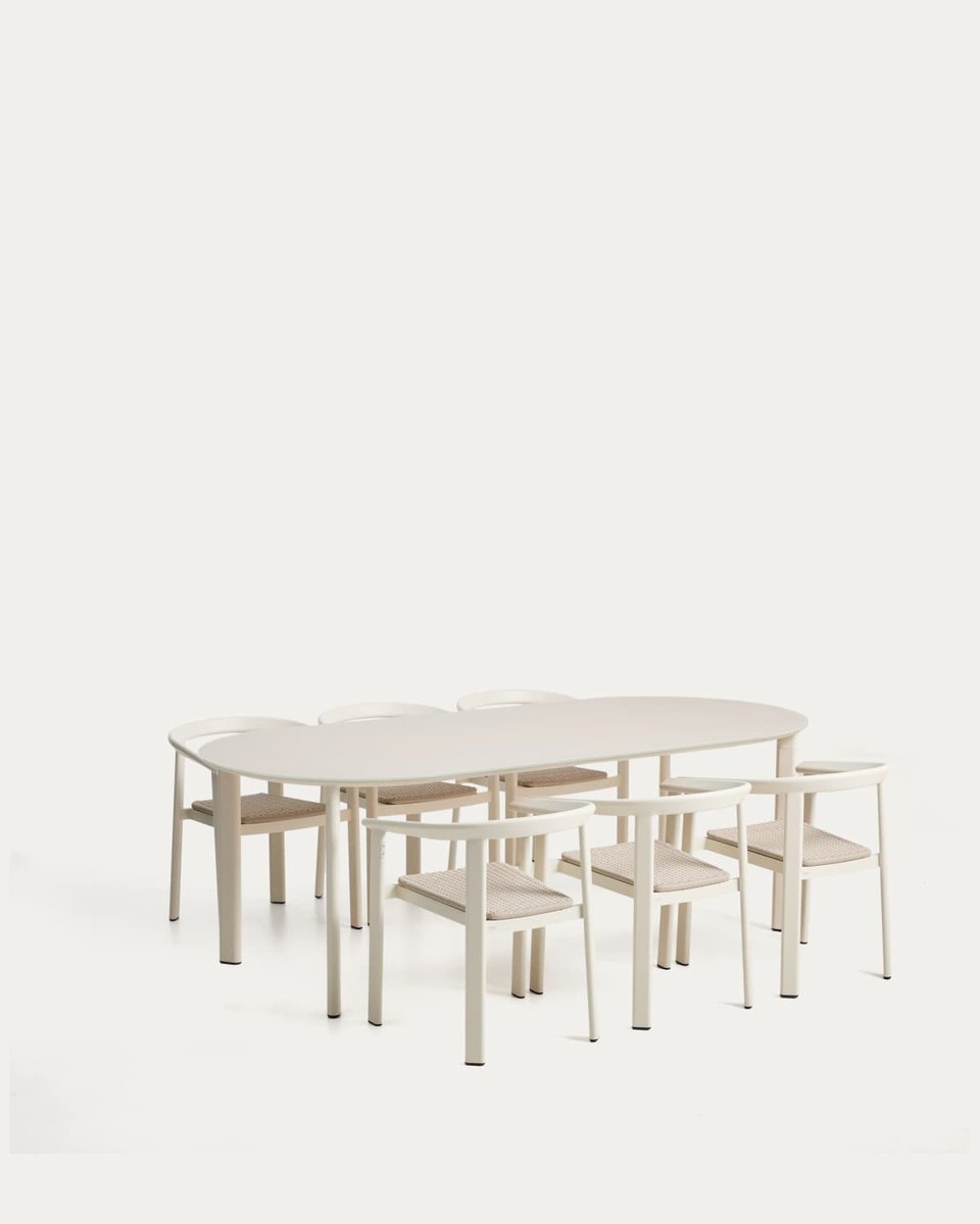 Set Erice de 6 sillas apilables de aluminio y cuerda y mesa de aluminio y vidrio templado crudo 230 x 100 cm