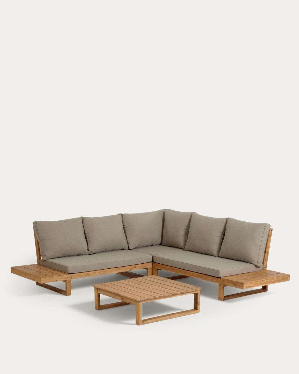 Set Flaviina de sofá rinconero 5 plazas y mesa de madera maciza acacia FSC 100%