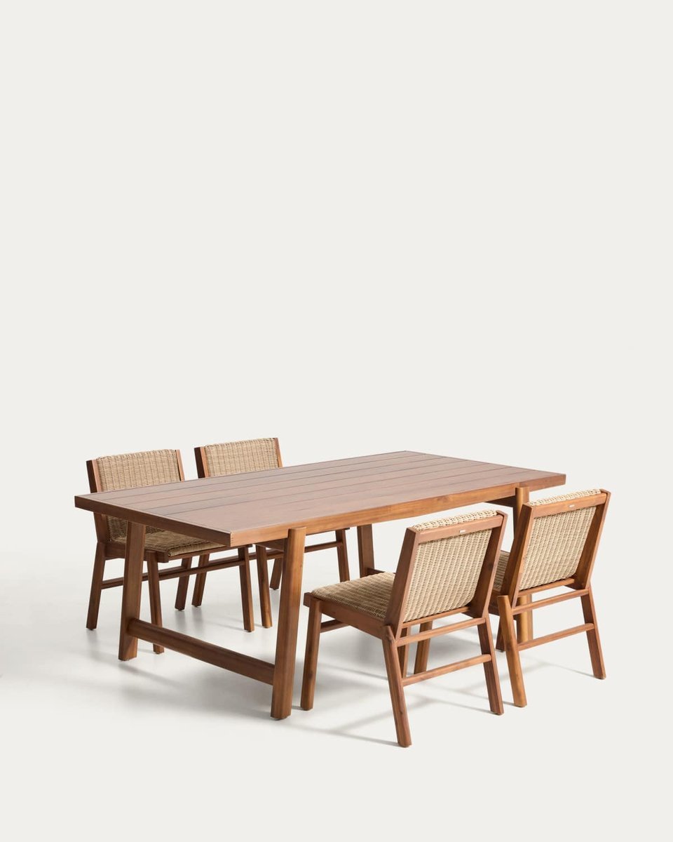 Set Itani de mesa de madera maciza de acacia y 4 sillas de madera maciza de acacia y ratán sintético FSC 100% 200 x 100 cm
