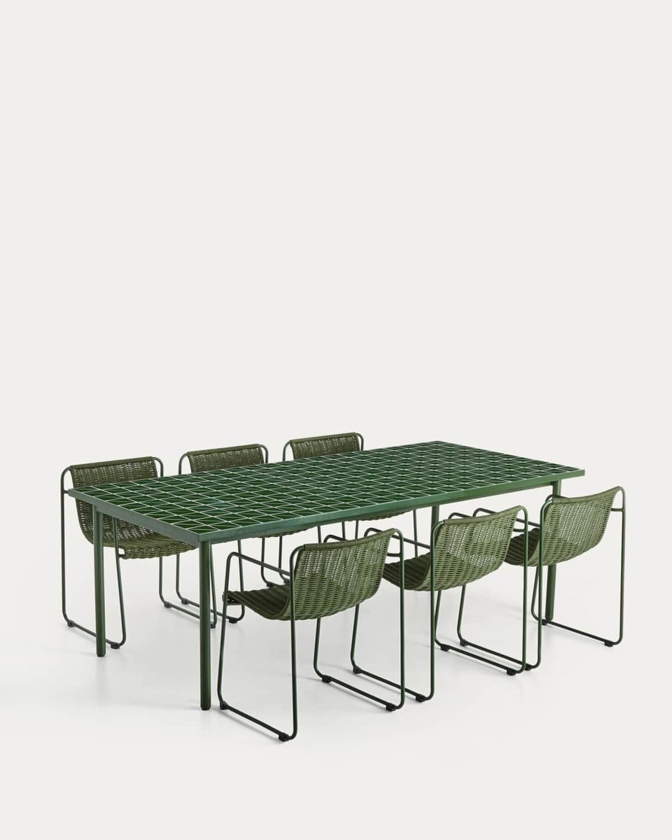 Set Maurina de mesa de acero galvanizado y azulejos verde y 6 sillas apilables de acero galvanizado y cuerda verde 223 x 101 cm