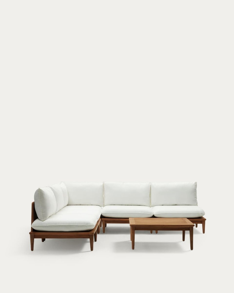 Set modular Portitxol sillón rinconero, 4 sillones y mesa de centro de madera maciza teca
