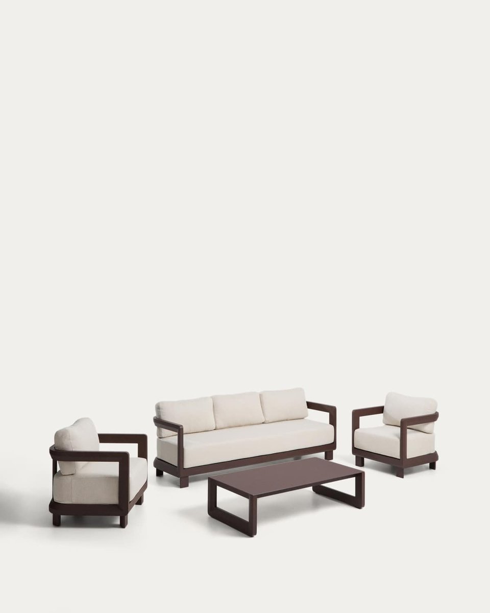 Set Nerano de sofá 3 plazas, 2 butacas y mesa de centro de vidrio templado y aluminio marrón