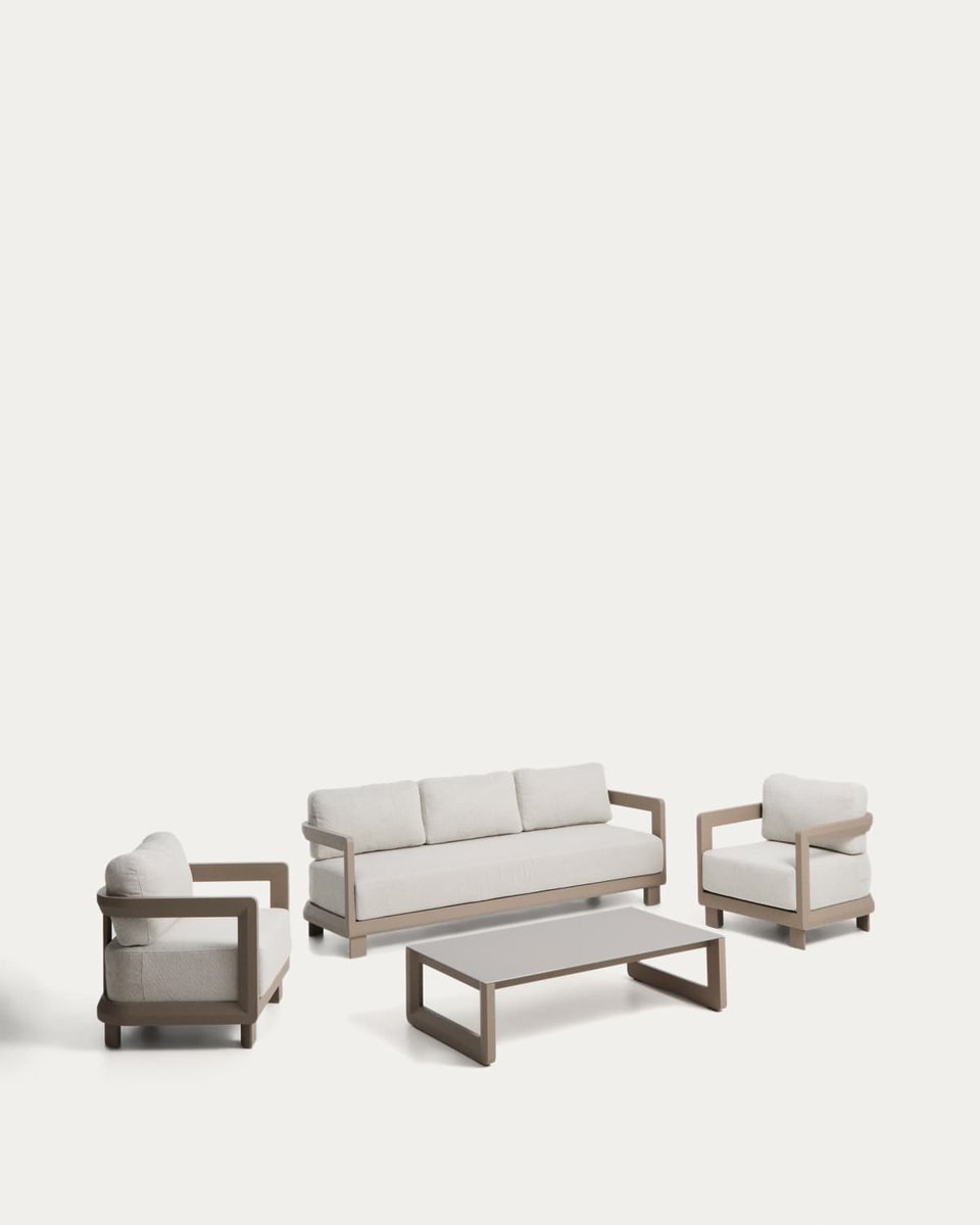 Set Nerano de sofá 3 plazas, 2 butacas y mesa de centro de vidrio templado y aluminio topo