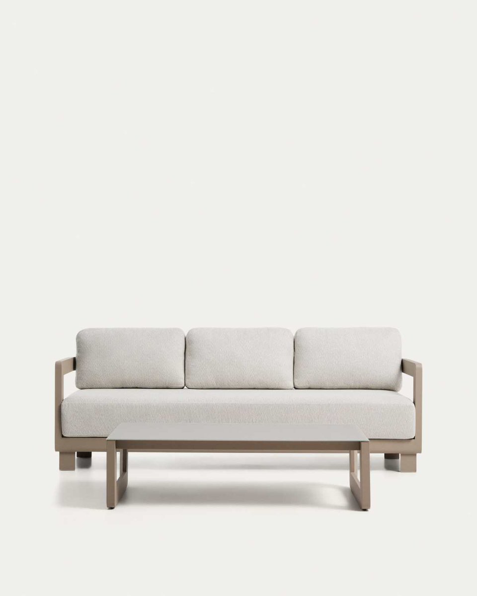 Set Nerano de sofá 3 plazas y mesa de centro de aluminio y vidrio templado topo