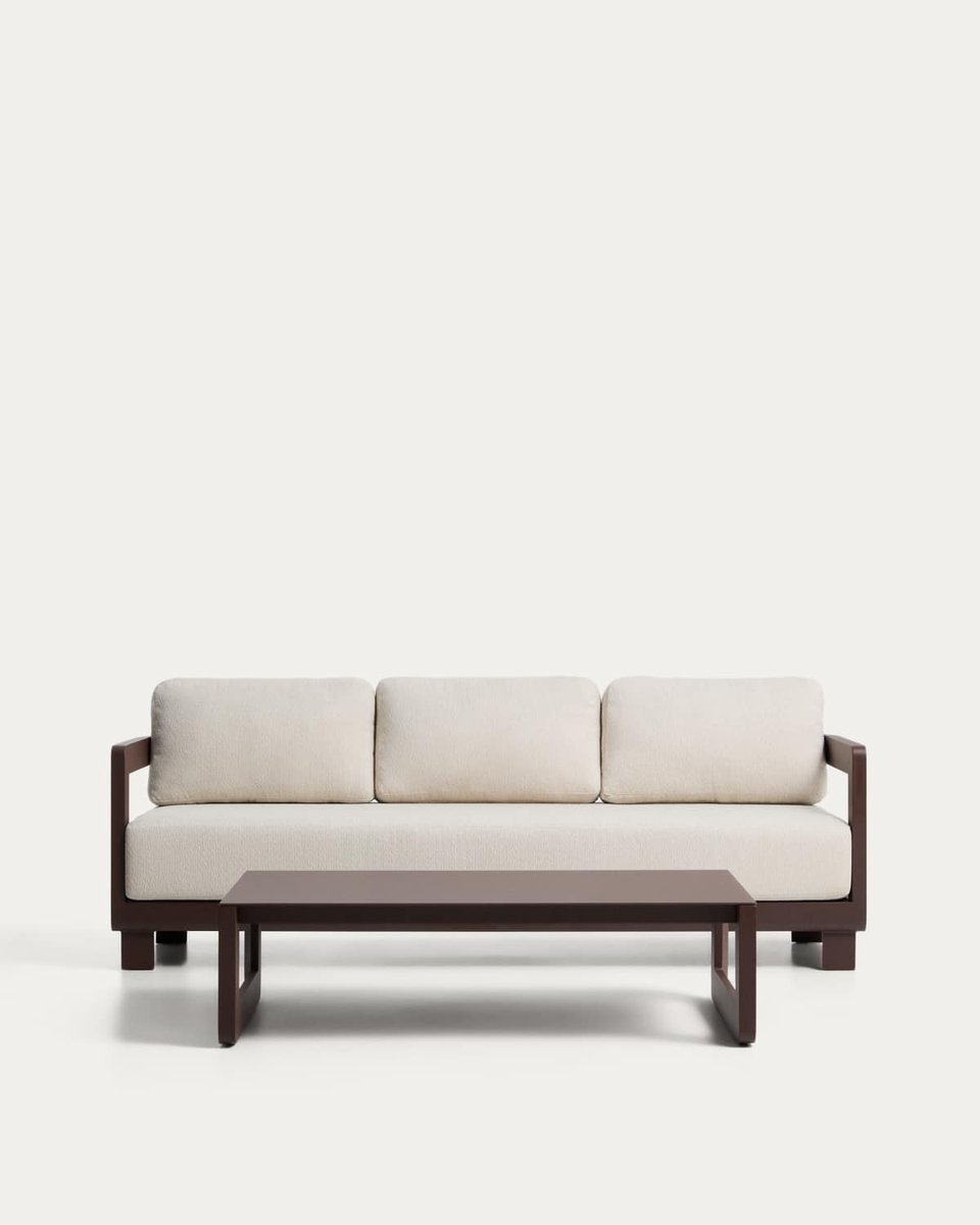 Set Nerano de sofá 3 plazas y mesa de centro de vidrio templado y aluminio marrón