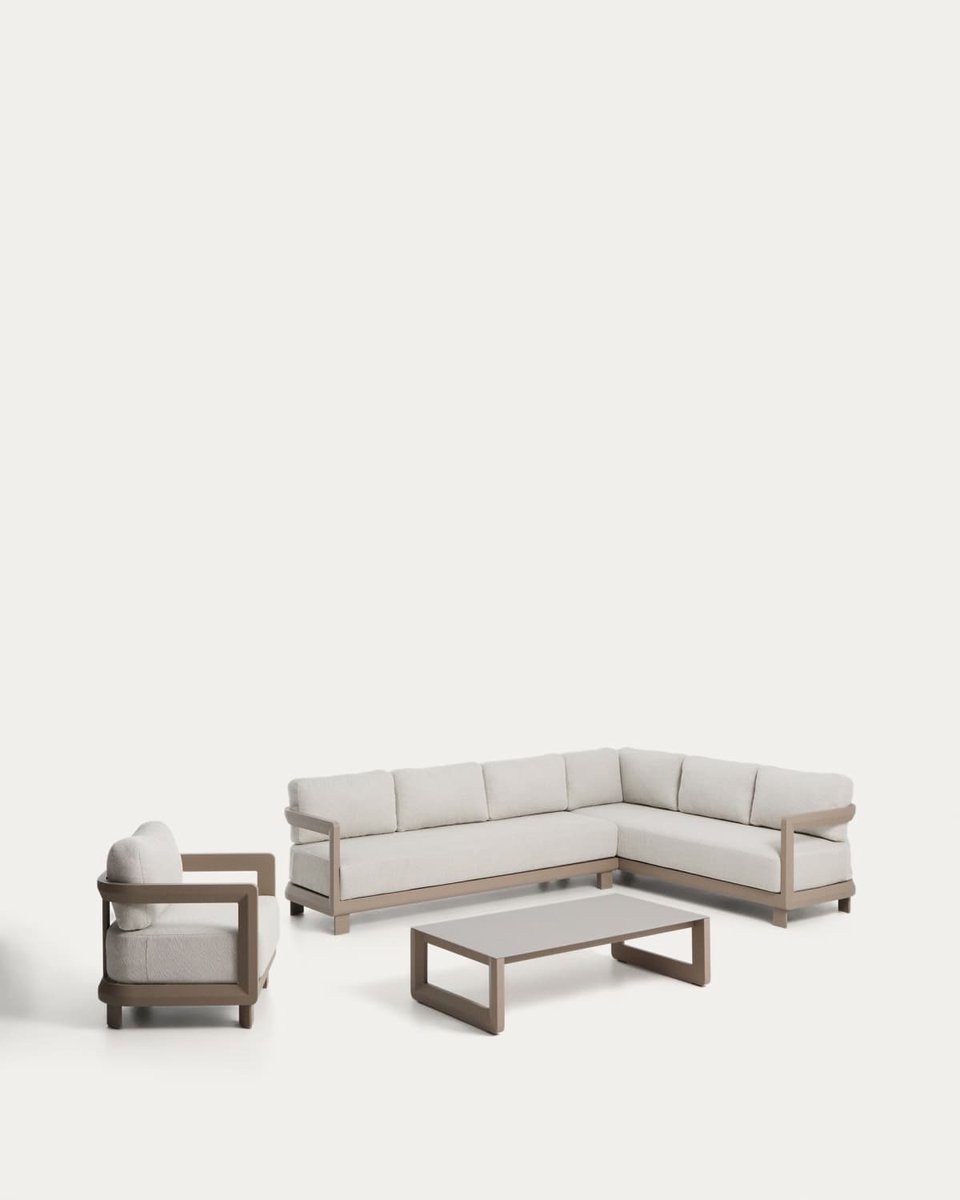 Set Nerano de sofá rinconero 5 plazas, butaca y mesa de centro de vidrio templado y aluminio topo
