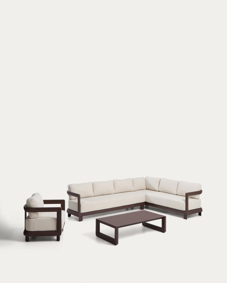 Set Nerano de sofá rinconero 5 plazas, butaca y mesa de centro de vidrio templado y aluminio marrón