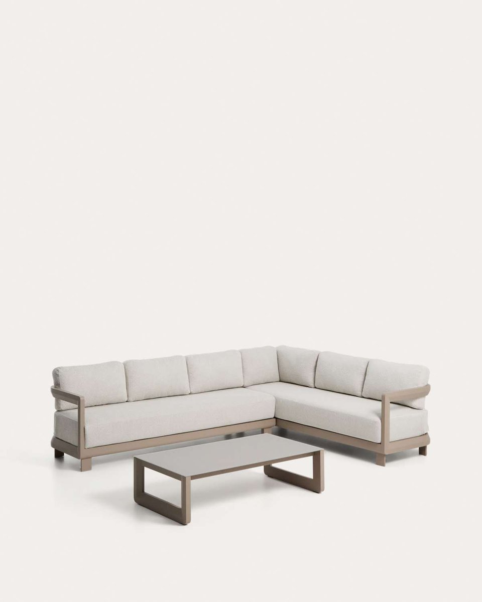 Set Nerano de sofá rinconero 5 plazas y mesa de centro de vidrio templado y aluminio topo