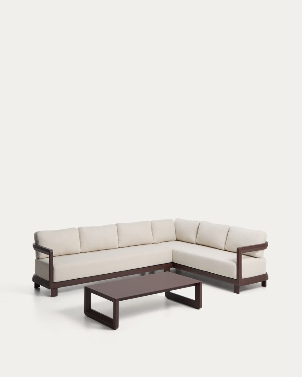 Set Nerano de sofá rinconero 5 plazas y mesa de centro de vidrio templado y aluminio marrón