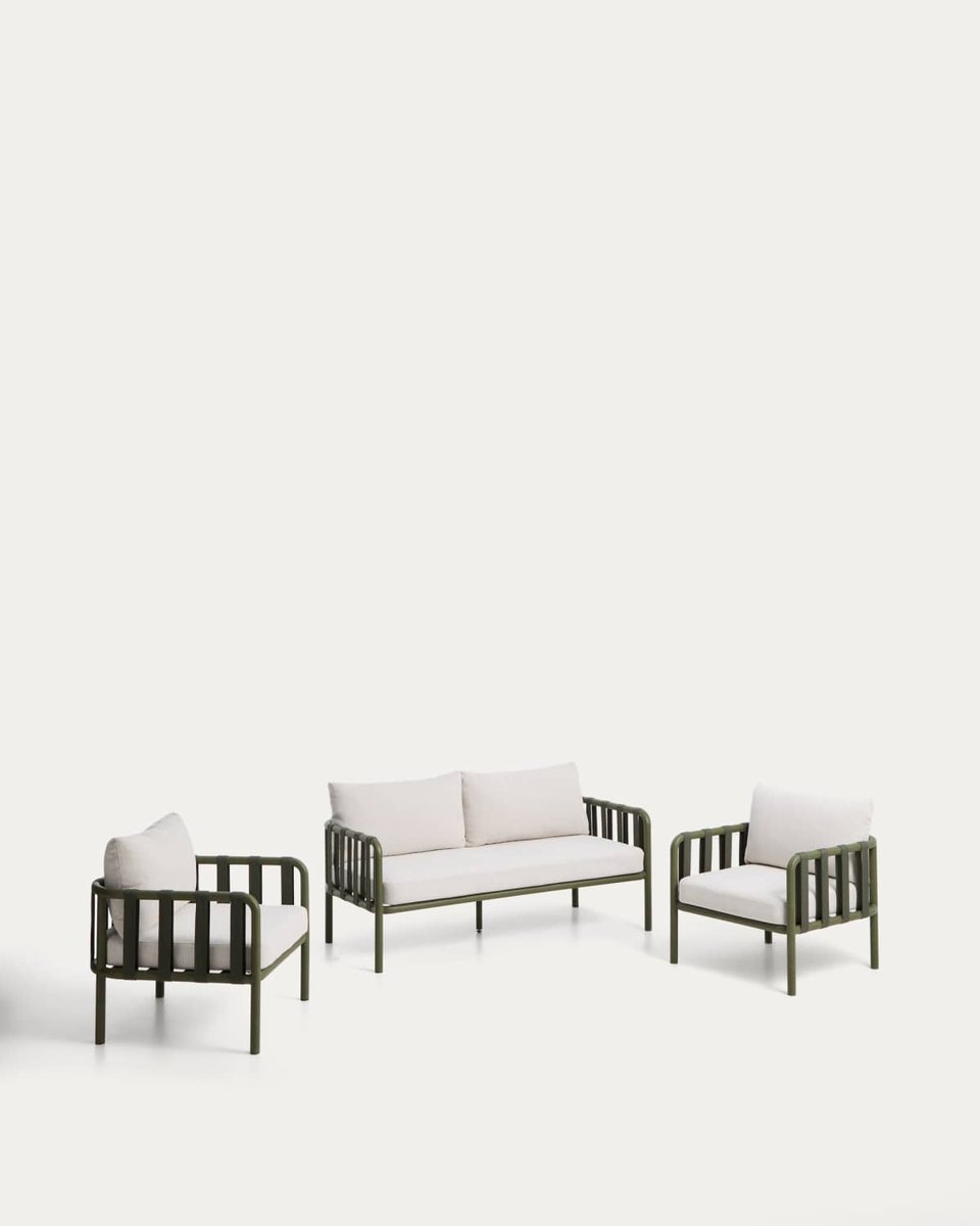 Set Omala de sofá de 2 plazas y 2 sillones con estructura de aluminio verde