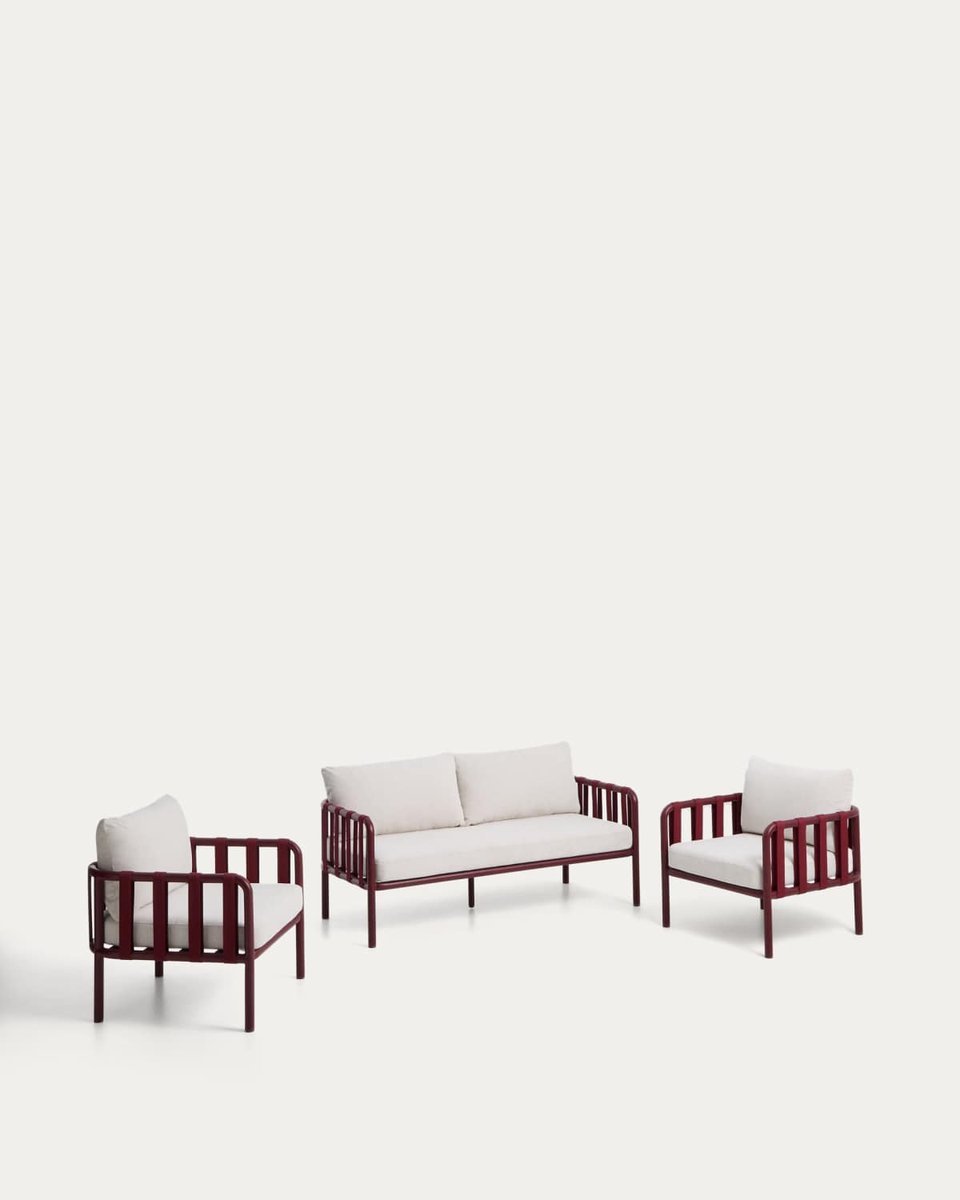 Set Omala de sofá de 2 plazas y 2 sillones de cuerda y aluminio burdeos