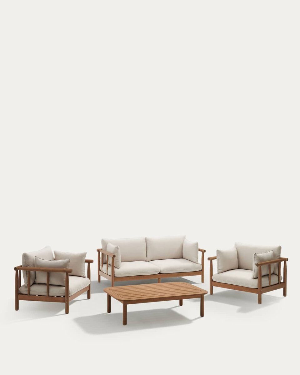Set Sacova de 2 sillones, sofá 2 plazas y mesa de centro madera maciza eucalipto FSC 100%