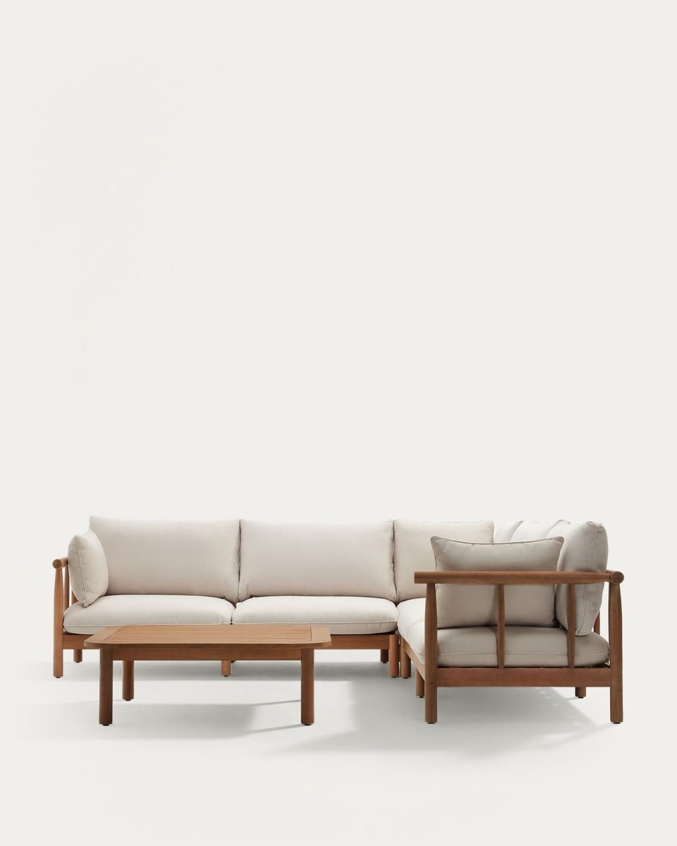 Set Sacova de sofá rinconero 5 plazas y mesa de centro de madera maciza eucalipto FSC 100%