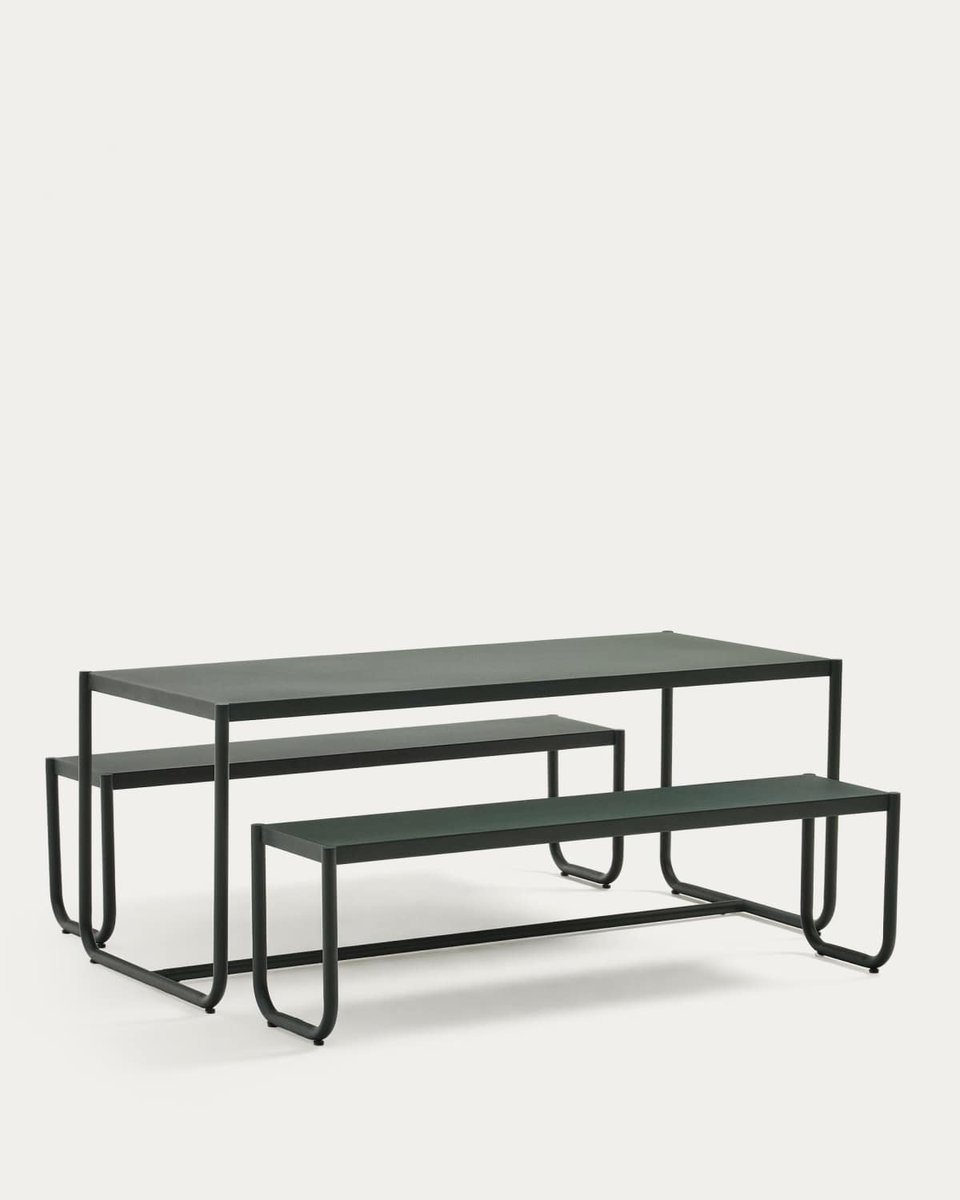 Set Sotil de 2 bancos y mesa de acero galvanizado con acabado verde 183 x 83 cm