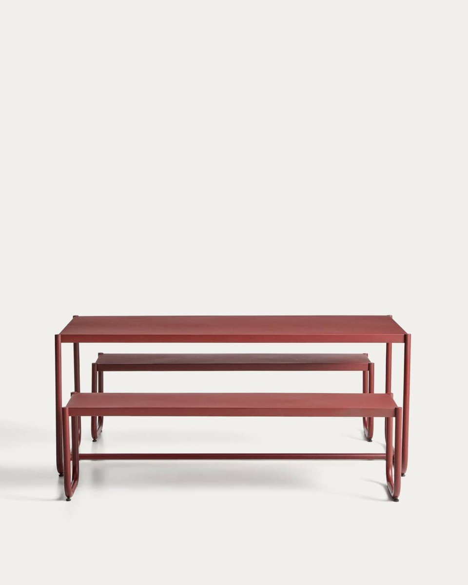 Set Sotil de 2 bancos y mesa de acero galvanizado con acabado granate 183 x 83 cm