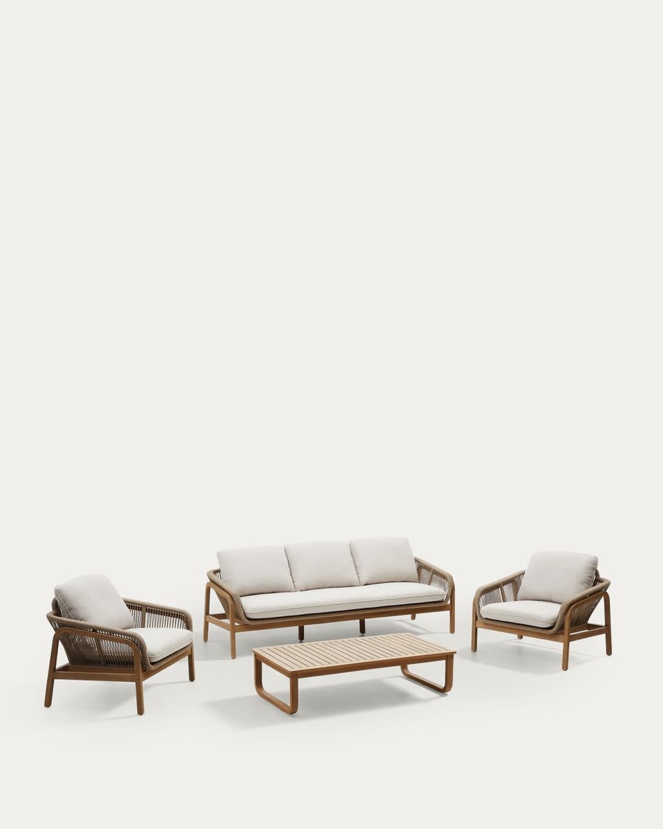 Set Vellana sofá 3 plazas, 2 sillones y mesa centro madera maciza acacia FSC 100% cuerda beige