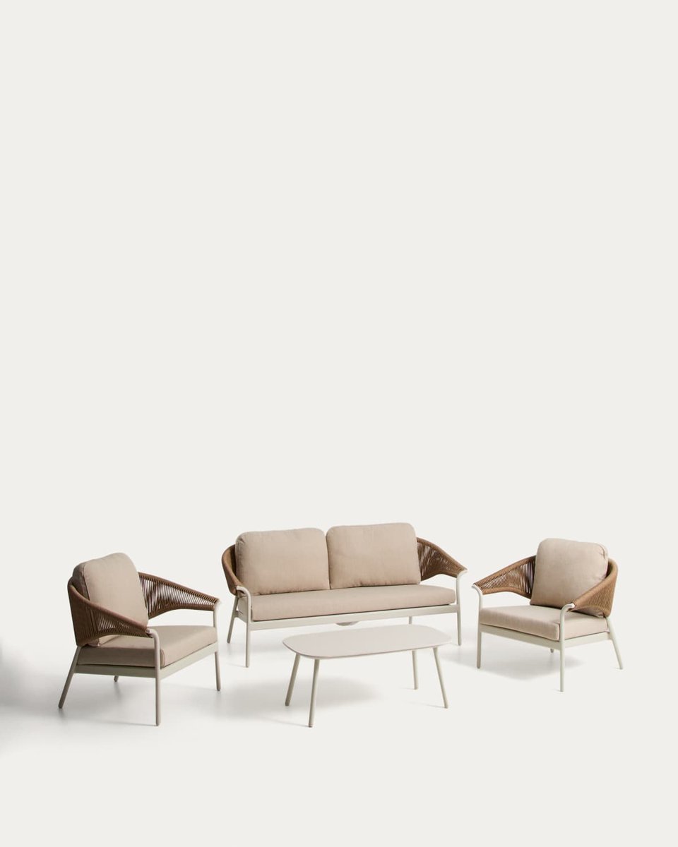 Set Zuara de sofá 3 plazas, 2 sillones y mesa de centro de exterior de aluminio crudo y cuerda sintética marrón