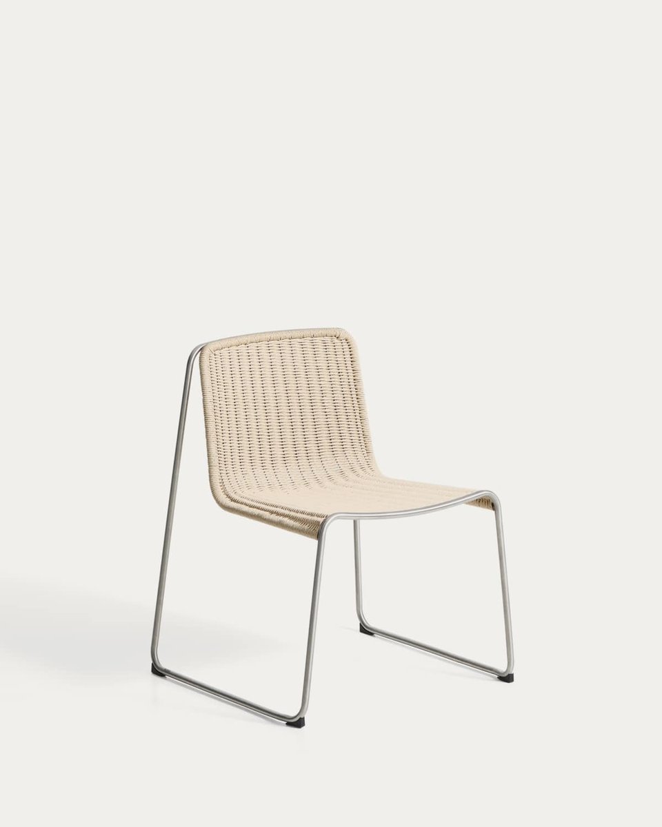 Silla apilable Tavari de cuerda sintética beige y acero inoxidable AISI 304 efecto cepillado